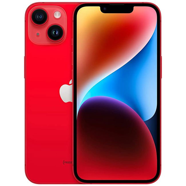 Refurbished iPhone 14 Plus smartphone with red back and dual rear cameras