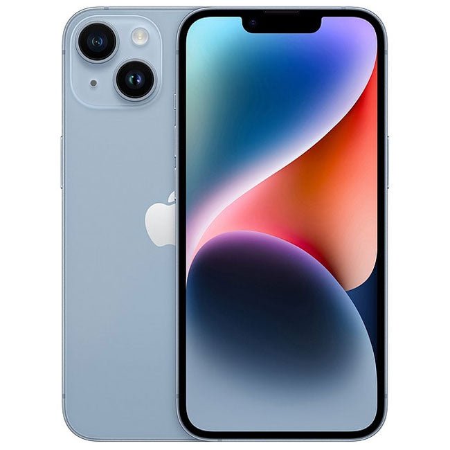 Refurbished iPhone 14 Plus smartphone with light blue back and dual rear cameras