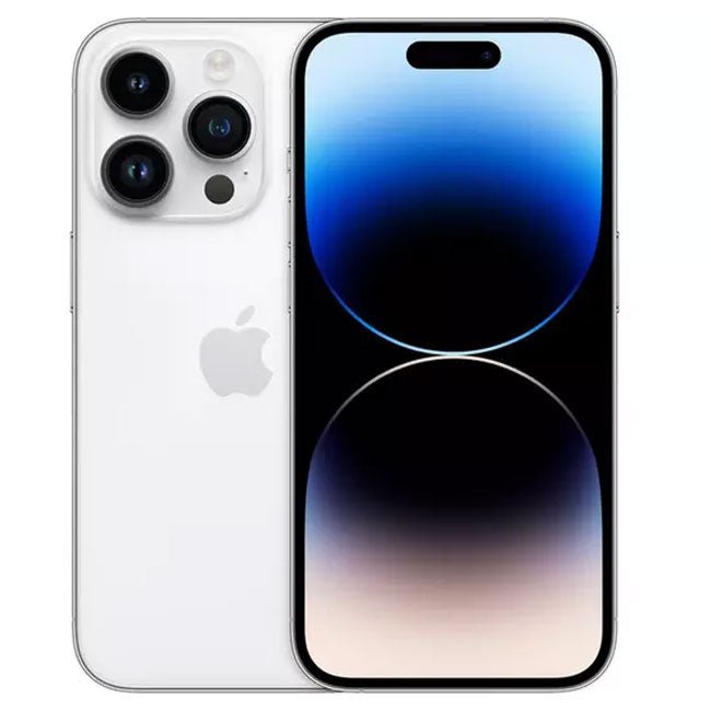 Refurbished iPhone 14 Pro in silver, triple rear cameras, front display on