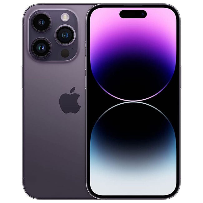 Refurbished iPhone 14 Pro in deep purple, triple rear cameras, front display on