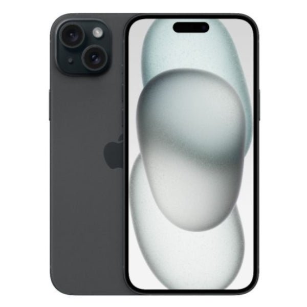 Refurbished iPhone 15 Plus smartphone in dark gray, front and back shown