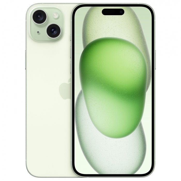 Refurbished iPhone 15 Plus smartphone in light green, front and back shown