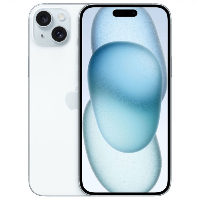 Refurbished iPhone 15 Plus smartphone in light blue, front and back shown