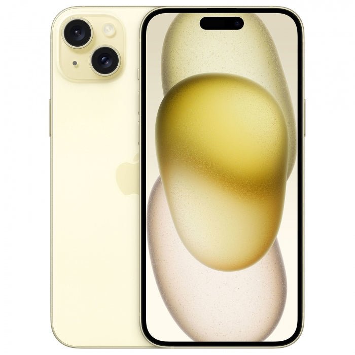 Refurbished iPhone 15 Plus unlocked smartphone, gold back with dual cameras