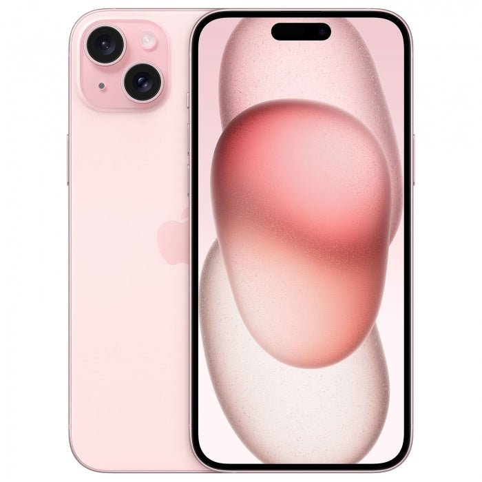 Refurbished iPhone 15 Plus unlocked smartphone, pink back with dual cameras