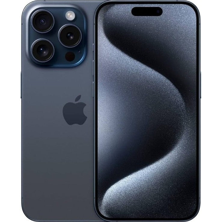 Refurbished iPhone 15 Pro Max blue unlocked, triple-camera rear and front display