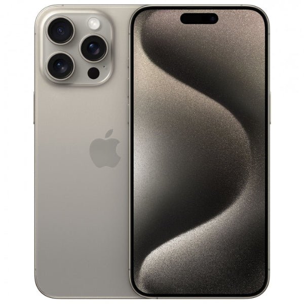 Refurbished iPhone 15 Pro Max unlocked, silver back and dark front display, triple cameras
