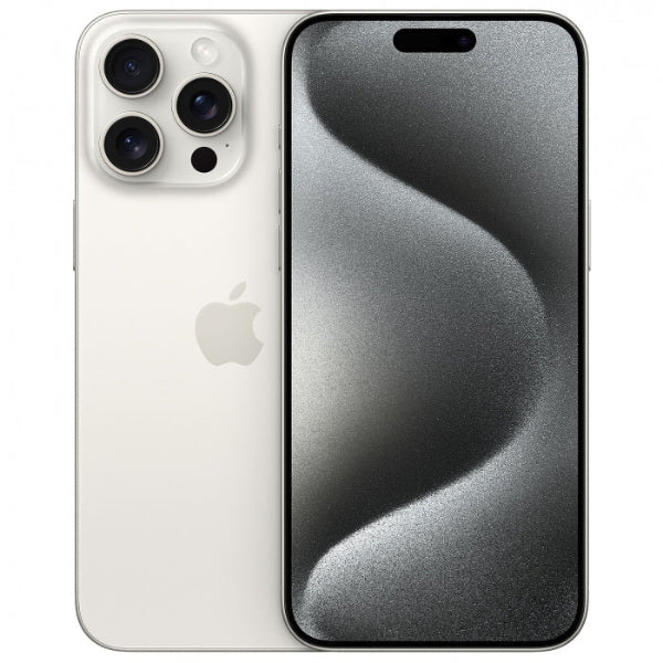 Refurbished iPhone 15 Pro Max white unlocked, front notch and triple-camera rear