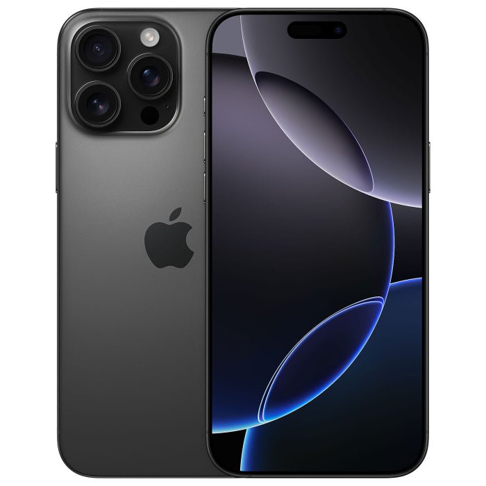Refurbished iPhone 16 Pro Max in black titanium, triple rear camera layout, unlocked