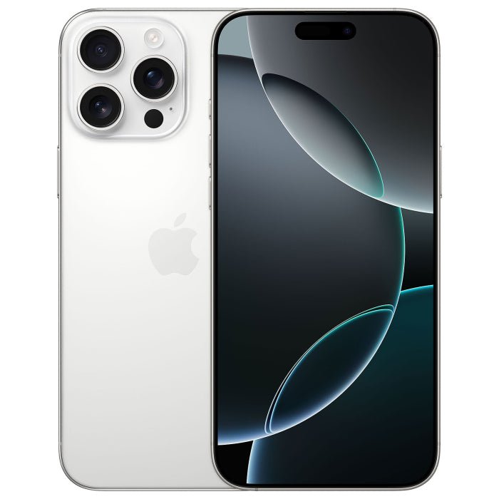 Refurbished iPhone 16 Pro Max in white titanium, triple rear cameras, unlocked