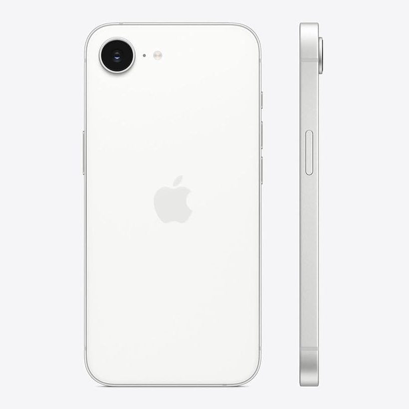 Unlocked refurbished iPhone 16e 256GB, white back and side profile.