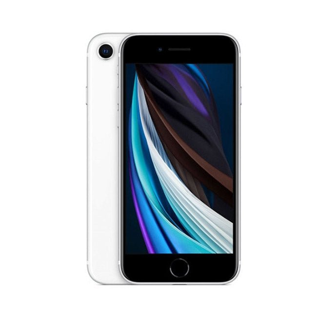 Refurbished iPhone SE 2020 unlocked, white front and back smartphone view