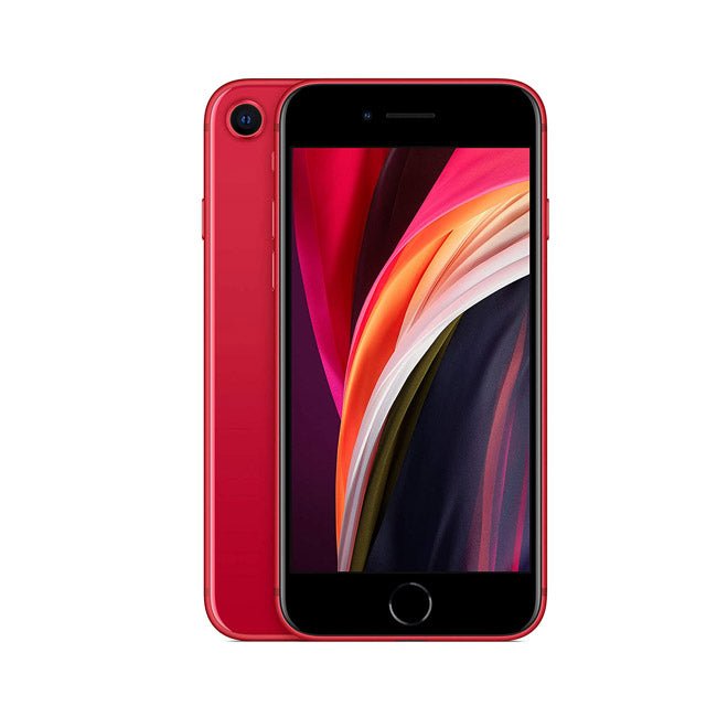Refurbished iPhone SE 2020 unlocked, red front and back smartphone view