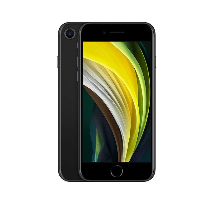 Refurbished iPhone SE 2020 unlocked, black front and back smartphone view