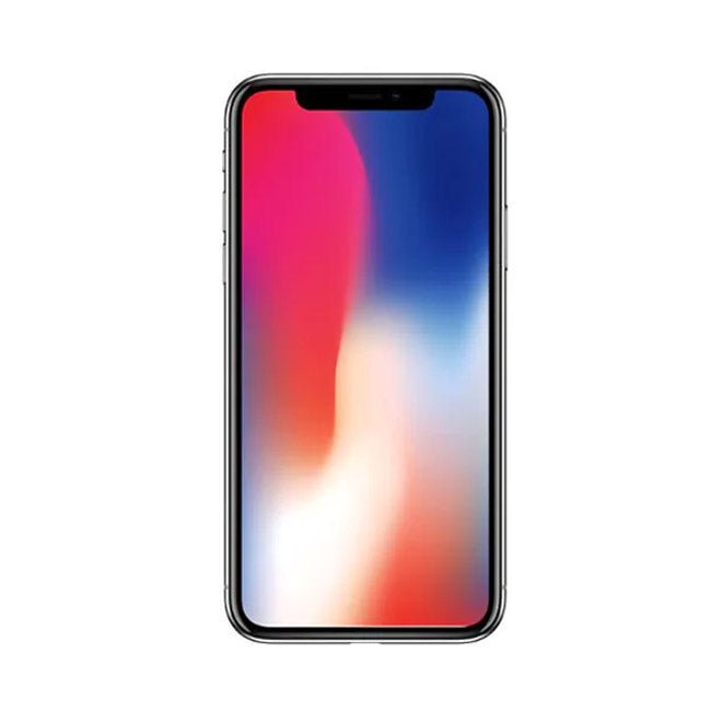 Refurbished iPhone X smartphone front, dark screen with colorful display