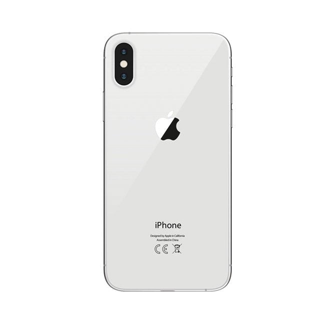 Refurbished iPhone X smartphone back, silver-white with dual camera