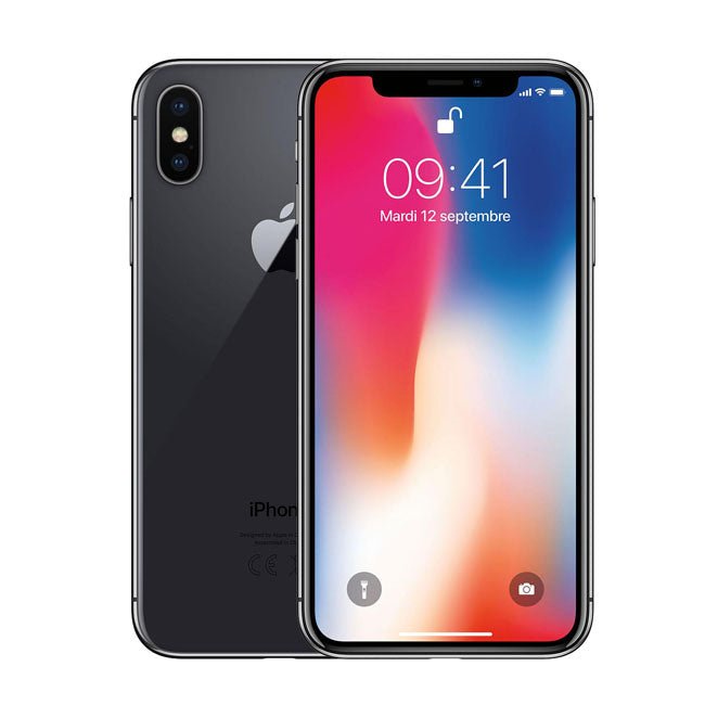 Unlocked refurbished iPhone X smartphone, front view, dark body with colorful display