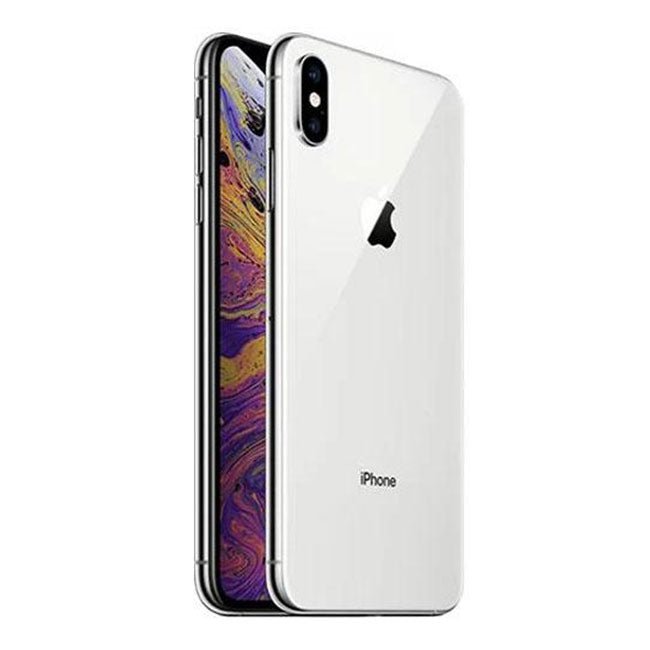 Unlocked iPhone XS smartphone, back and side view in silver/white color