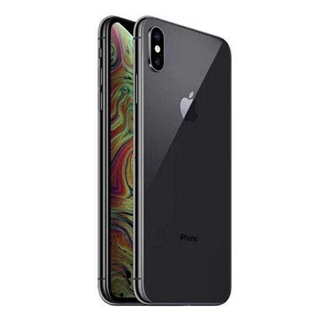 Unlocked iPhone XS smartphone, back and side view in dark color