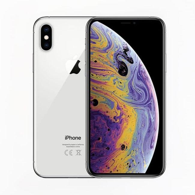 Refurbished iPhone XS Max phone, silver back with Apple logo and front display
