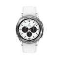 Silver smartwatch with round bezel and white silicone band, analog-style watch dial