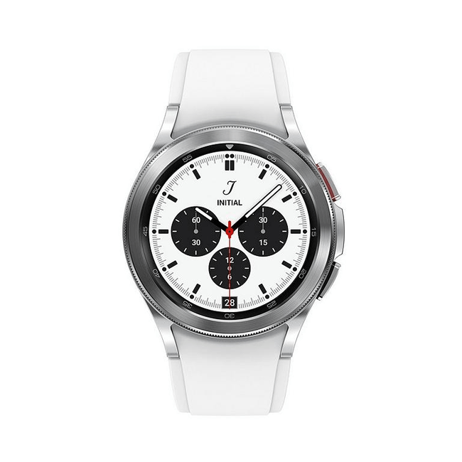 Silver smartwatch with round bezel and white silicone band, analog-style watch dial