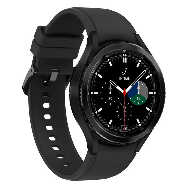 Black smartwatch with round bezel and silicone sport band, digital watch face