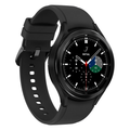Black smartwatch with round bezel and silicone sport band, digital watch face