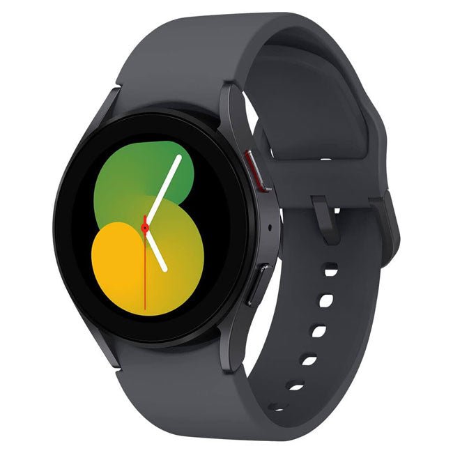 Refurbished smartwatch with dark graphite strap and round black display, green-yellow watch face.