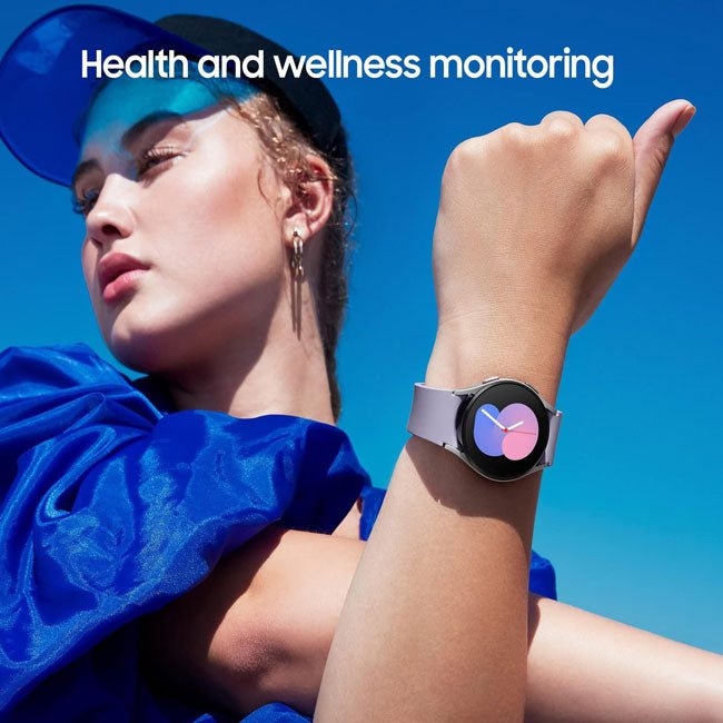 Light blue smartwatch on wrist with dark circular display and colorful watch face, silicone