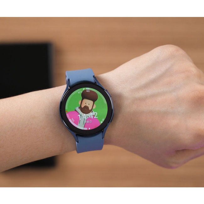 Blue smartwatch on wrist with round display and colorful health-style graphics, silicone band