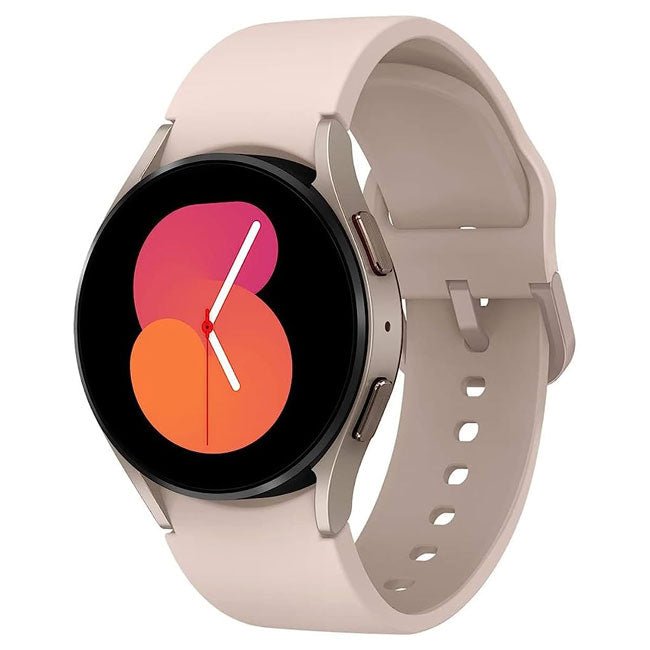 Pink gold smartwatch with black circular display, pink-orange watch face, silicone strap