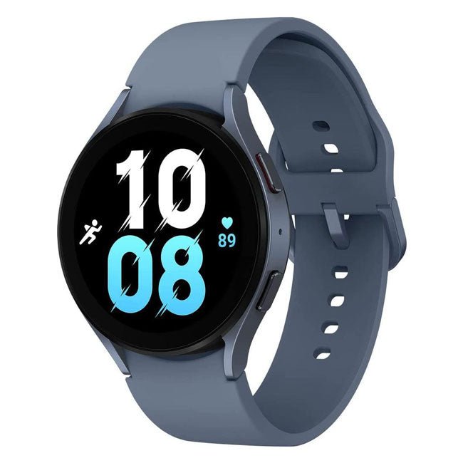 Refurbished smartwatch with slate-blue strap and round black display, large 10 and 08 numerals.