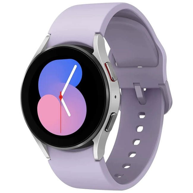 Samsung Galaxy Watch 5 44mm smartwatch with lavender band and black display, blue/pink dial