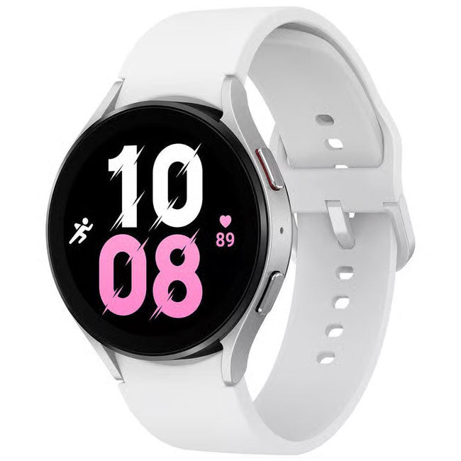 Samsung Galaxy Watch 5 44mm smartwatch with white band and black display, heart activity screen