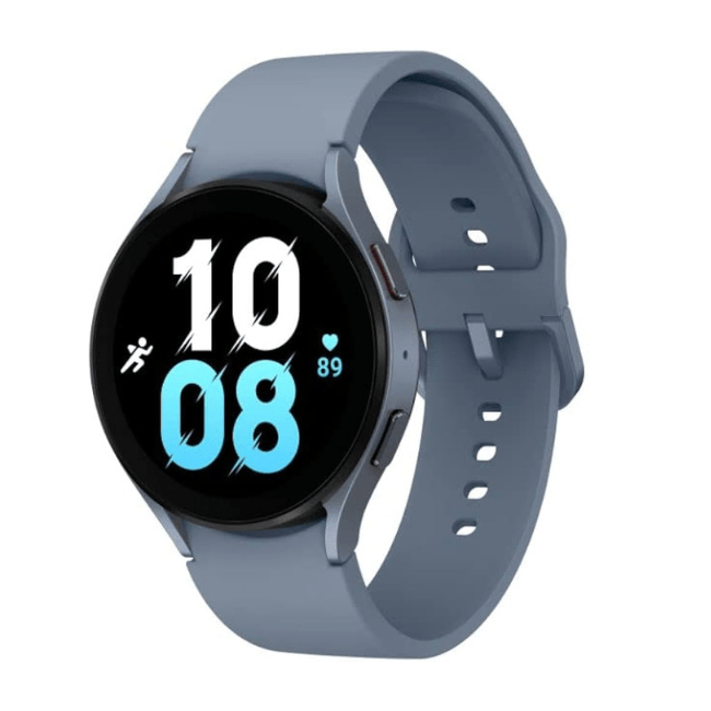 Samsung Galaxy Watch 5 44mm smartwatch with blue band and black display, blue numbers screen