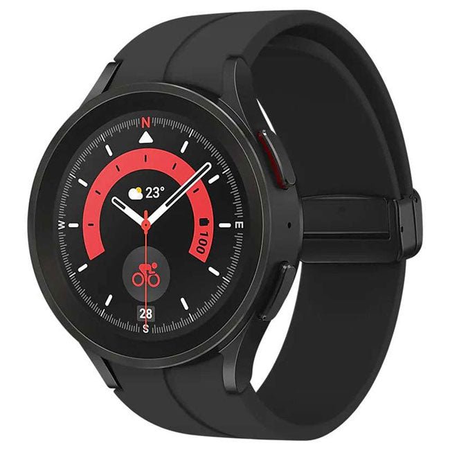Samsung Galaxy Watch 5 Pro 45mm smartwatch with black strap, red-accented digital face