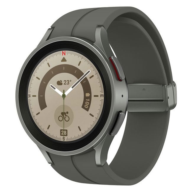 Samsung Galaxy Watch 5 Pro 45mm smartwatch with black strap, circular digital display