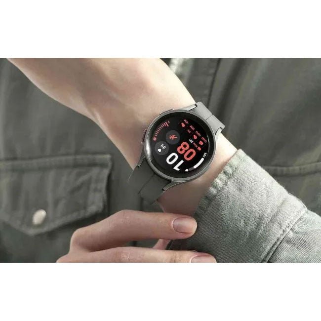 Samsung Galaxy Watch 5 Pro 45mm smartwatch on wrist, black strap, red digital readout