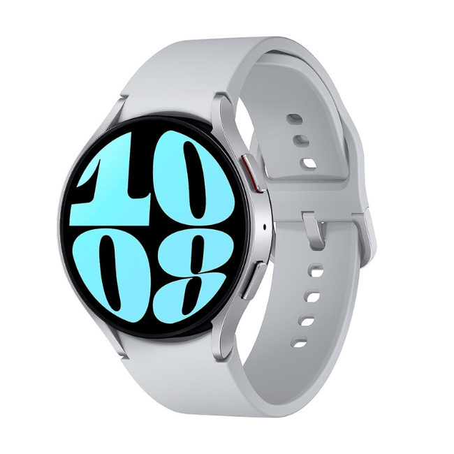 Refurbished Galaxy Watch 6 44mm smartwatch; light gray silicone band, blue watch face