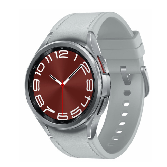 Refurbished Samsung Galaxy Watch 6 Classic 43mm silver watch with red-brown dial and gray band