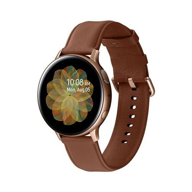 Refurbished smartwatch with brown leather strap and round display from an angled view