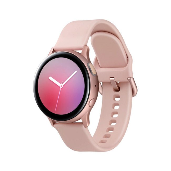 Refurbished smartwatch with rose gold case and pink silicone strap, front side view