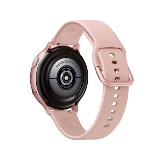 Refurbished smartwatch with rose gold case, pink silicone strap, and back view