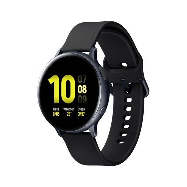 Refurbished smartwatch with black silicone strap and side view of round display