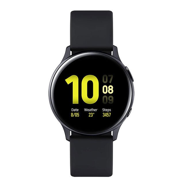 Refurbished smartwatch with black silicone strap and black round display