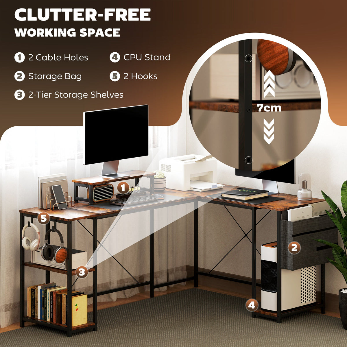 Reversible L-shaped desk with storage bag, cable holes, hooks, and 2-tier storage shelves