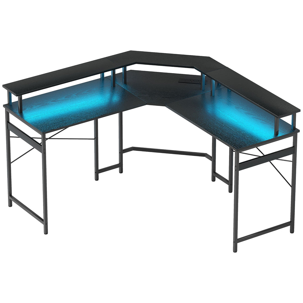 Black L-shaped work desk with LED light strips under the tabletop and frame