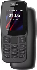 Black Nokia 105 dual SIM feature phone with keypad and lit front screen