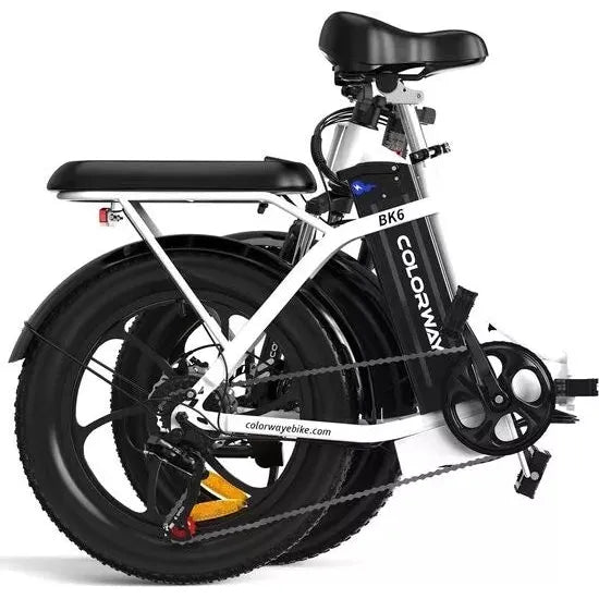 White and black Colorway folding electric bike with rear rack and integrated lights